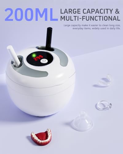 Ultrasonic Retainer Cleaner Machine 45kHz, UV Denture Cleaner with 4 Modes Digital Timer, Portable 200ML UltraSonic Cleaning Pod for Night Mouth Guard, Aligner, Braces, Toothbrush, Jewelry and More