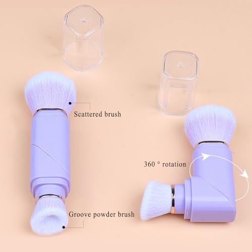 Vtrem Retractable Travel Makeup Brush: 3 Colors Kabuki Double-Ended Foundation Blush Brushes Set Mini Compact Face Brush with Cover Highlighter Flawless Powder Cosmetics, Blue Black Purple