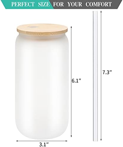 12 Pack Sublimation Glass Cups Frosted 16oz Blanks Beer Can Borosilicate Glasses Tumbler with Bamboo Lids and Straws for Beer, Juice, Soda, Iced Coffee, Drinks
