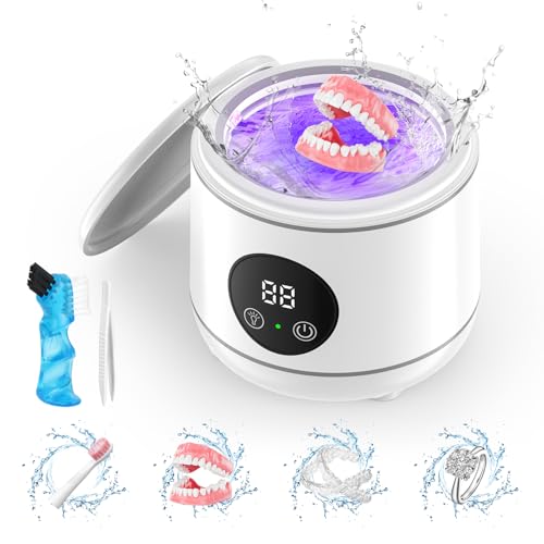 Ultrasonic Retainer Cleaner, 45kHz Denture Cleaner Machine for Mouth Guards, Braces, Toothbrush Heads, Jewelry, Ring, 7.8oz Portable Dental Cleaning Pod with 3 Modes and Digital Timer