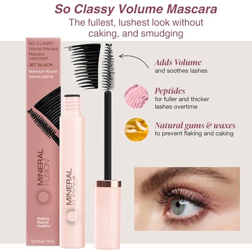 Mineral Fusion Lip Gloss + Mascara Makeup Kit, Natural Beauty Eye & Lip Duo, So Classy Voluminous Mascara in Jet Black & Shiny, Nourishing Pale Pink Lip Gloss, 2 Piece Make Up Gift Set for Women