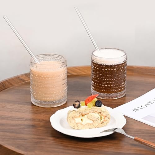 Set of 4 Hobnail Drinking Glasses,15.2 Oz Romantic Water Glasses, Clear Embossed Design Vintage Glassware, Cocktail Glasses, Beaded Drinking Glasses for Water, Beer, Juice(15oz+4")