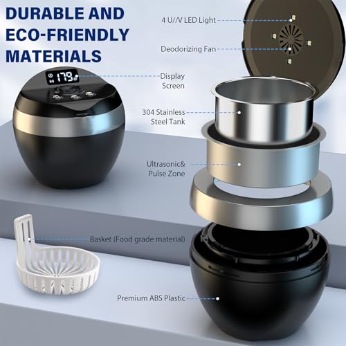 Ultrasonic Retainer Cleaner, 200ML Denture Cleaner for Mouthguard, Aligner, Brace, Night Guard and Dental Appliance with 4 Modes, 45kHz Jewelry Cleaner for Rings, Dental Cleaning Pod with Basket