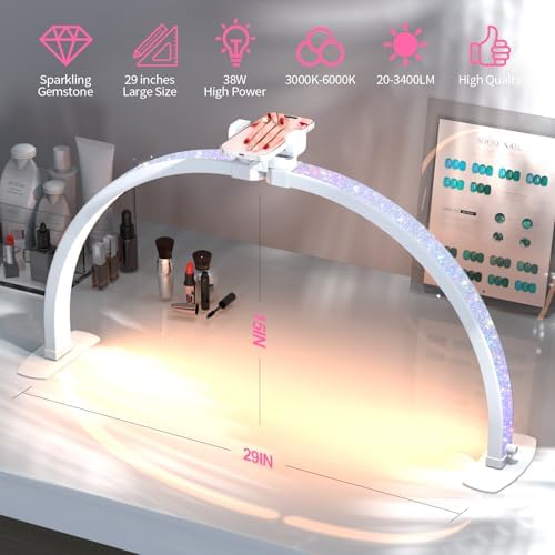 Professional Large Half Moon Light for Nail Desk with Phone Holder, 29" Arch Light for Nail Techs Nail Desk Lamp for Manicure Table, Salon, Nail Tech Lamp with Rhinestone-Encrusted(White, Large)
