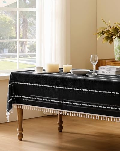 ZeeMart Hemstitched Embroidery Striped Boho Tablecloth 60x84 Inch Black, Heavy Weight Farmhouse Burlap Linen Black Tablecloth, Wrinkle Resistant Washable Table Cloth for Rectangle Table 