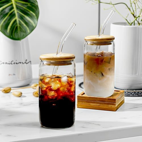 DWTS DANWEITESI Iced Coffee Cups with Lids 2 pcs,16 oz Glass Cups with Lids and Straws as Coffee Bar Accessories,Beer Drinking Glasses,Reusable Glass Tumbler,Cute Coffee Cups for Coffee, Juice, Gifts