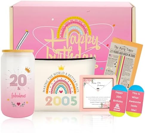 20th Birthday Gifts for Girls Women, Trendy 20 Year Old Girl Gift Ideas for Female Daughter Sister Niece, Cool Happy 2005 Decorations Presents Basket Glass Cup Sock
