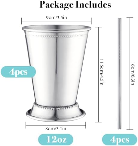 12oz Mint Julep Cups with Straws Set of 4, Stainless Steel Beaded Mint Julep Cups, Mint Julep Glasses for Cocktails Mixed Drinks, Metal Cups for Beer Juice Beverage Party Bar Home Restaurant