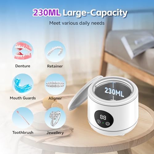 Ultrasonic Retainer Cleaner, 45kHz Denture Cleaner Machine for Mouth Guards, Braces, Toothbrush Heads, Jewelry, Ring, 7.8oz Portable Dental Cleaning Pod with 3 Modes and Digital Timer