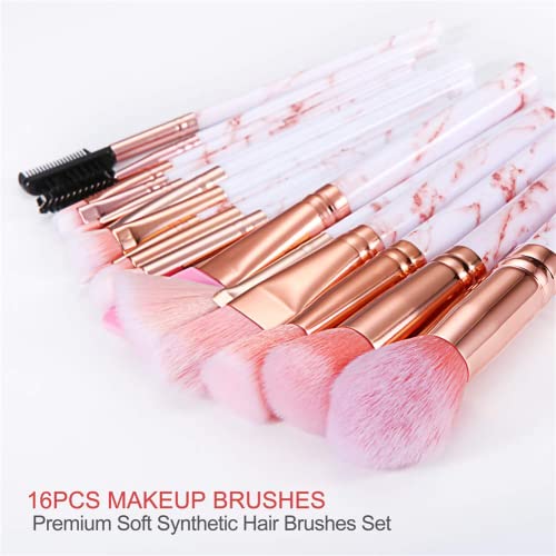 Makeup Brushes Set DUAIU 16PCS Marble Make up Brushes Foundation Eyeshadow Concealer Eyebrow Blush Face Mask Brush Set With Gift Box Make Up Tool(Pink)