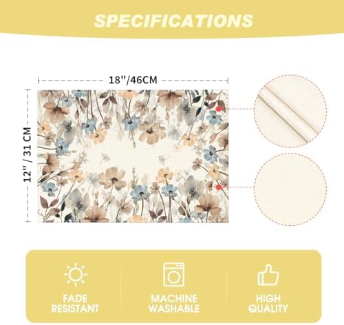 Artoid Mode Brown Poppy Flowers Floral Blossom Summer Placemats Set of 4,12x18 Inch Seasonal Fall Table Mats for Party Kitchen Dining Decoration