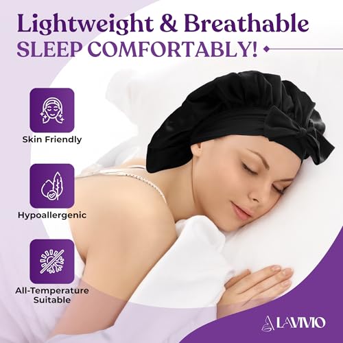 100% Mulberry Silk Bonnet for Sleeping Women – Double-Layered 22 Momme Silk Hair Wrap – Adjustable Non-Slip Tie – Reduces Frizz & Preserves Style – Gift Boxed, HQTS-Certified (Black)
