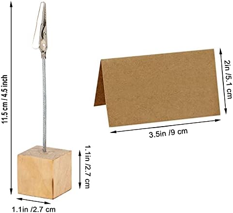 20 Pcs Wood Place Card Holders and 30 Pcs Kraft Place Cards, Photo Holders for Table, Rustic Wood Table Picture Number Holder Stand with Memo Clips for Wedding Party Name Sign