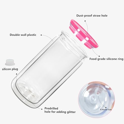 16 oz Acrylic Snow Globe Tumbler Snow Globe Cups Double Wall Snowglobe Tumbler with Pre Drilled Hole Clear Plastic Cups with Colorful Lids and Straws for Iced Coffee Boba Juice Soda 6 Pack