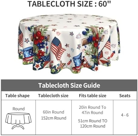 Star Floral Patriotic 4th of July Tablecloth Round 60 Inch Memorial Day American Flag Decorative Table Cloth Washable Wrinkle Stain-Resistant Independence Day Table Cover For Party Picnic Dinner