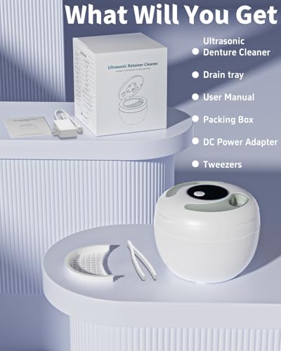 Ultrasonic Retainer Cleaner Machine 45kHz, UV Denture Cleaner with 4 Modes Digital Timer, Portable 200ML UltraSonic Cleaning Pod for Night Mouth Guard, Aligner, Braces, Toothbrush, Jewelry and More