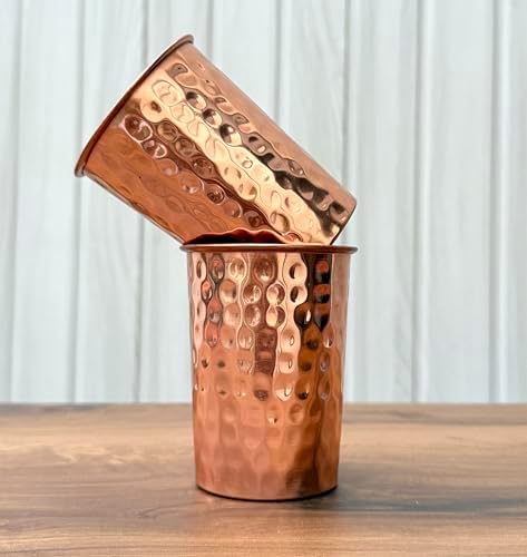 Set of 2 Hammered Pure Copper Cups For Drinking Water Glasses Tumblers Copper Glass for Ayurveda Health Benefits, UNCOATED and LACQUER Free