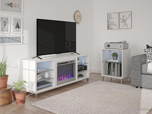 Ameriwood Home Lumina Fireplace TV Stand for TVs up to 70 Inch, Replaceable Electric Fireplace Insert Heater, Remote Control, Timer, Color Changing LED Lights, Crystal Ember Flames, White