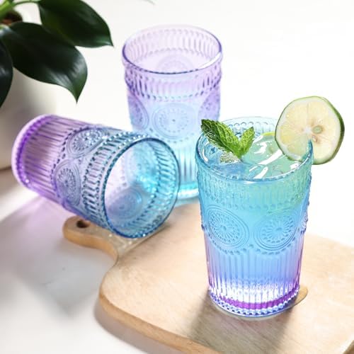 6pcs Vintage Drinking Glasses Set, 12 oz Glass Cups, Embossed Ribbed Glassware Water Tumblers for Cocktail, Water, Juice, Beer, Coffee, Whiskey
