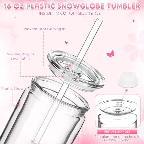 6 Pack Plastic Snow Globe Tumbler 16 Oz Pre Drilled Double Wall Clear Cups with Lid and Straw Squeeze Bottle Funnel Tweezer Bent Syringe for Glitter Snow Globe DIY Cup Making Supplies