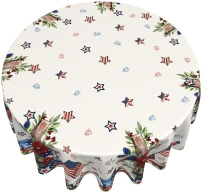 Star Floral Patriotic 4th of July Tablecloth Round 60 Inch Memorial Day American Flag Decorative Table Cloth Washable Wrinkle Stain-Resistant Independence Day Table Cover For Party Picnic Dinner