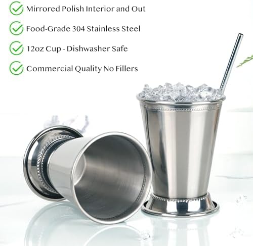12oz Mint Julep Cups with Straws Set of 4, Stainless Steel Beaded Mint Julep Cups, Mint Julep Glasses for Cocktails Mixed Drinks, Metal Cups for Beer Juice Beverage Party Bar Home Restaurant