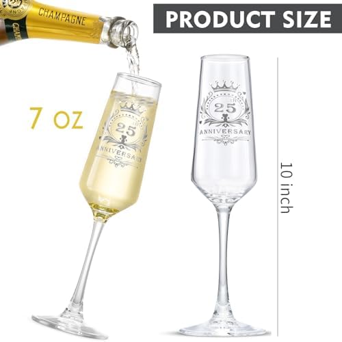 ROXBURGH 25th Wedding Anniversary Champagne Flutes Present Rhinestones Studded, 25th Anniversary Decorations 7 OZ Crystal Champagne Glasses Set of 2, Wedding Present, Couples