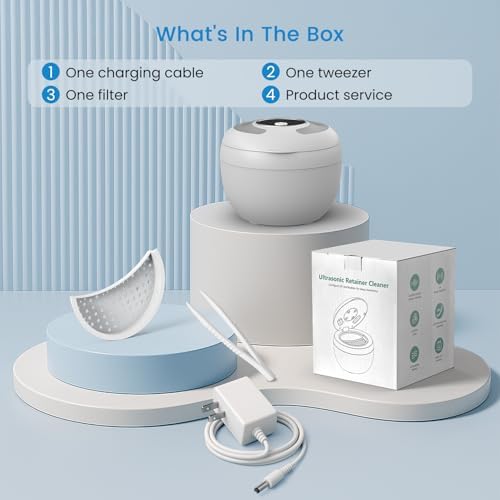 Ultrasonic Retainer Cleaner Machine - 45kHz Denture Cleaner UV Light 4 Modes with Digital Timer 200ML Portable Dental Cleaning Pod for Mouth Guards, Braces, Toothbrush Heads