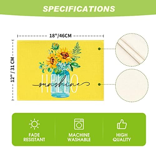 Artoid Mode Yellow Hello Sunshine Sunflower Summer Placemats for Dining Table, 12 x 18 Inch Spring Seasonal Holiday Decoration Rustic Vintage Washable Table Mats Set of 4