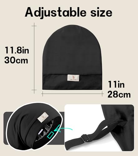 100% Mulberry Silk Bonnet for Sleeping for Curly Hair and Braids, Wrap with Adjustable Strap for Women and Men,Real Silk, Not Satin(1Pc,Black)