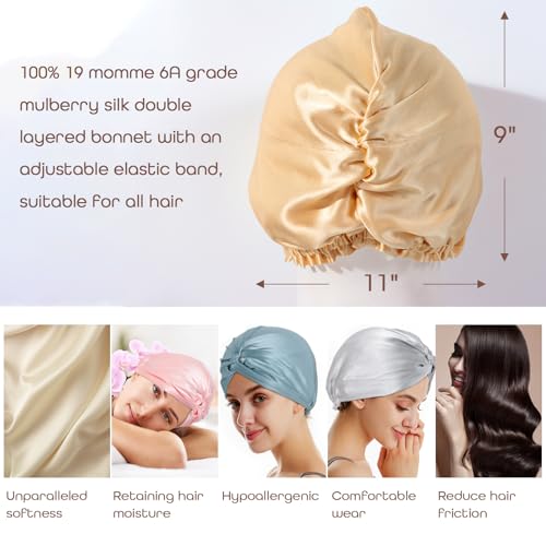 100% Mulberry Silk Sleep Bonnet, Double Layer Silk Turban, Shower Cap, 8 Colors (Silver Bonnet With Adjustable Strap)
