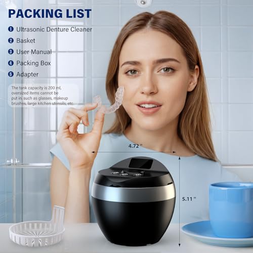 Ultrasonic Retainer Cleaner, 200ML Denture Cleaner for Mouthguard, Aligner, Brace, Night Guard and Dental Appliance with 4 Modes, 45kHz Jewelry Cleaner for Rings, Dental Cleaning Pod with Basket
