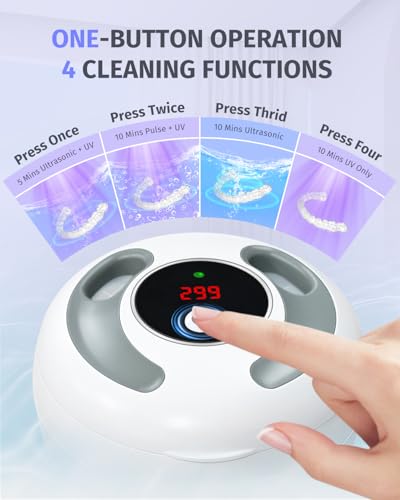 Ultrasonic Retainer Cleaner Machine 45kHz, UV Denture Cleaner with 4 Modes Digital Timer, Portable 200ML UltraSonic Cleaning Pod for Night Mouth Guard, Aligner, Braces, Toothbrush, Jewelry and More