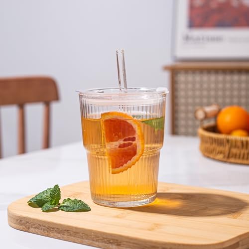 13OZ/400ML Ice Coffee Glass Tumbler, Thick Wall Water Glass Cup Mug Tea with Straw and Lid Sealed Carry On (Clear)