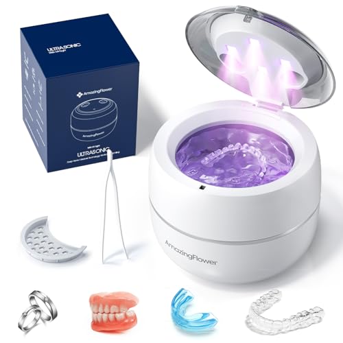 Ultrasonic Retainer Cleaner Machine, Upgraded 45kHz Ultrasonic Jewelry Cleaner for Ring, Aligner, Nightguard, Mouth Guard, Toothbrush Heads, Dental Cleaning Pod with 4 Lights
