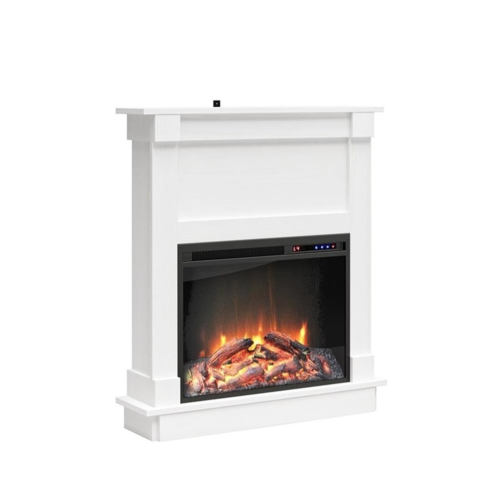 Ameriwood Home Ellsworth Fireplace with Mantel, White - Cozy Electric Heater for Home & Kitchen, 400 sq. ft. Heating, Remote Control, Neutral Finish