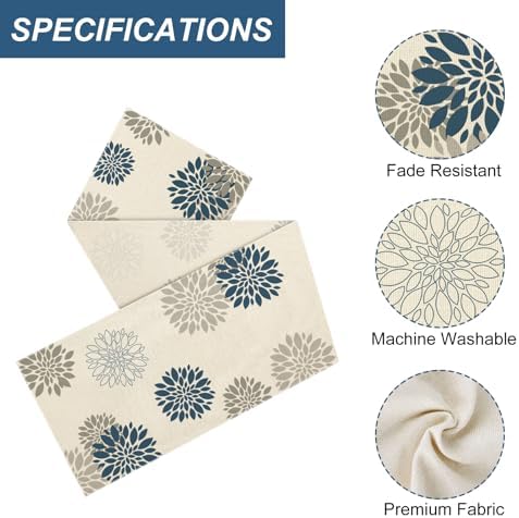Blue Gray Table Runner Dahlia Pinnata Flower Table Runners Modern Elegant Pompon Farmhouse Geometric Table Center Decor for Home Dining Party Entrance (13x72 Inch)