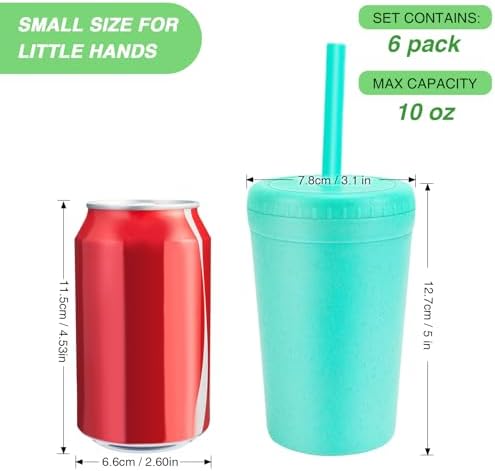 10 oz Wheat Straw Cups with Lids and Silicone Straws, Unbreakable Drinking Glasses, Plastic Cups for Kitchen, Small Tumbler Cups with Cleaning Brush, BPA Free, Dishwasher & Microwave Safe, 6 Pack