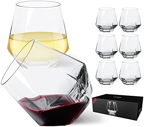 JBHO Stemless Wine Glasses Set of 6, Red or White Small Wine Glass set, 10oz Diamond Shaped, Unique Short Tumblers, Cocktail Glass, Nice Gift-Packaging for Housewarming, Birthday,Valentine,NewYear