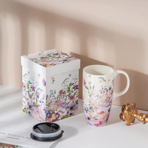Topadorn Coffee Ceramic Mug-Porcelain Cup,Latte Tea Mug With Lid-17oz,Novelty Coffee Mugs for Men Women Office & Home