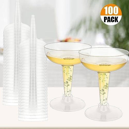 100 Pack Plastic Champagne Coupe Glasses, Disposable Plastic Party Champagne Glasses, 4 Oz Clear Cocktail Martini Margarita Wine Cups for Birthday Wedding Party