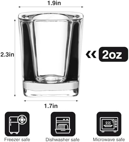 Ruckae 12 Pack 2 OZ Shot Glasses Set Clear Shot Glasses Bulk with Heavy Base Bar Square Glass Shot Cups for Vodka Tequila Whiskey Liquor