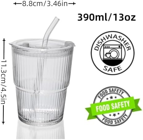 13OZ/400ML Ice Coffee Glass Tumbler, Thick Wall Water Glass Cup Mug Tea with Straw and Lid Sealed Carry On (Clear)
