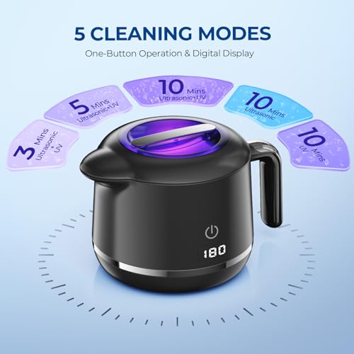 Ultrasonic Retainer Cleaner Machine - 45kHz Ultrasonic Jewelry Cleaner - 200ML Mouth Guard & Denture Cleaner Pod - 5 Modes with Digital Timer - Upgrade Water Bottle Design