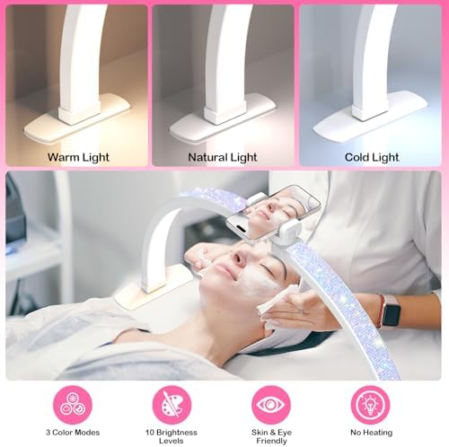 Professional Large Half Moon Light for Nail Desk with Phone Holder, 29" Arch Light for Nail Techs Nail Desk Lamp for Manicure Table, Salon, Nail Tech Lamp with Rhinestone-Encrusted(White, Large)
