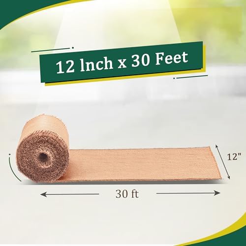 Stiffen Burlap Roll 12" x 30 FT - No-Fray Finished Edge Natural Burlap Fabric – No Odor, Eco-Friendly Roll for Gardening, Rustic Table Decor and Other DIY Crafts