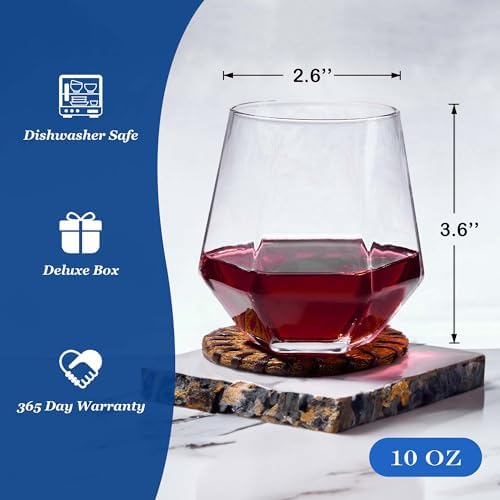 JBHO Stemless Wine Glasses Set of 6, Red or White Small Wine Glass set, 10oz Diamond Shaped, Unique Short Tumblers, Cocktail Glass, Nice Gift-Packaging for Housewarming, Birthday,Valentine,NewYear