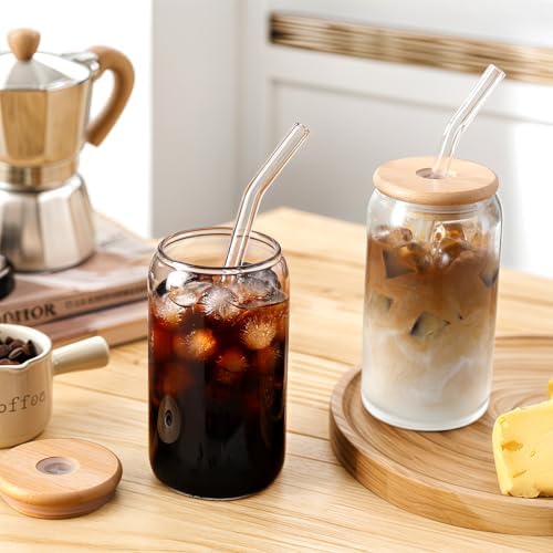 DWTS DANWEITESI Iced Coffee Cups with Lids 2 pcs,16 oz Glass Cups with Lids and Straws as Coffee Bar Accessories,Beer Drinking Glasses,Reusable Glass Tumbler,Cute Coffee Cups for Coffee, Juice, Gifts