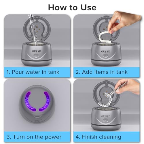 Ultrasonic Retainer Cleaner, 180ML/45kHz Portable Ultrasonic Jewelry Cleaner, Quiet Operation Ultrasonic Cleaner Machine for Dentures,Aligners,Mouth Guards,Night Guards (Gray)