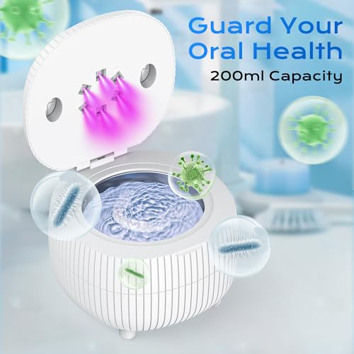 Ultrasonic Retainer Cleaner Machine, 45khz 25W Dental Cleaning Pod for Denture, Mouth Guard, Aligner, Night Guard, Braces, Ring and Jewelry, 200ml Portable